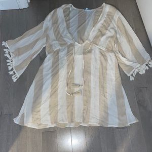 Blue Island Beige and white stripped dress pool cover up